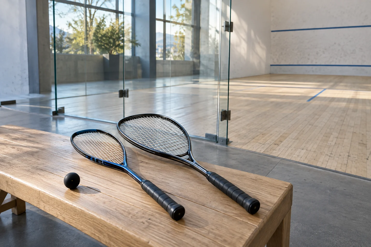 Aikuisen ja juniorin squashmailat penkillä valoisan kentän vieressä