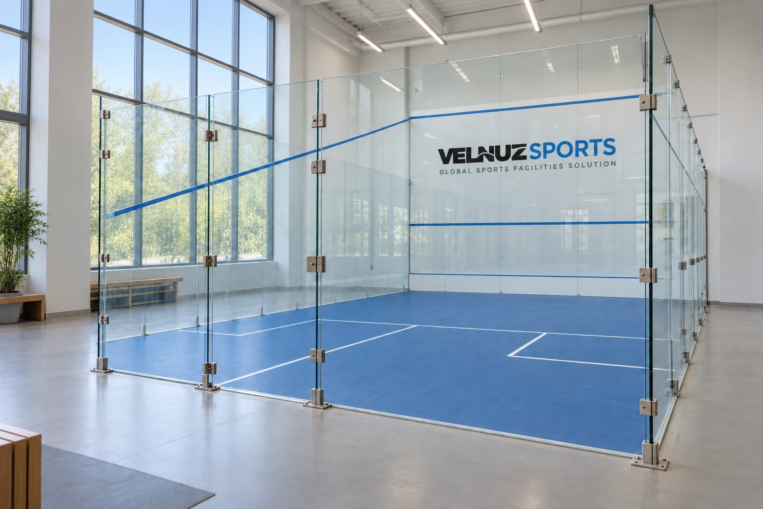 Illustrative all-glass squash court with transparent walls and blue playing floor
