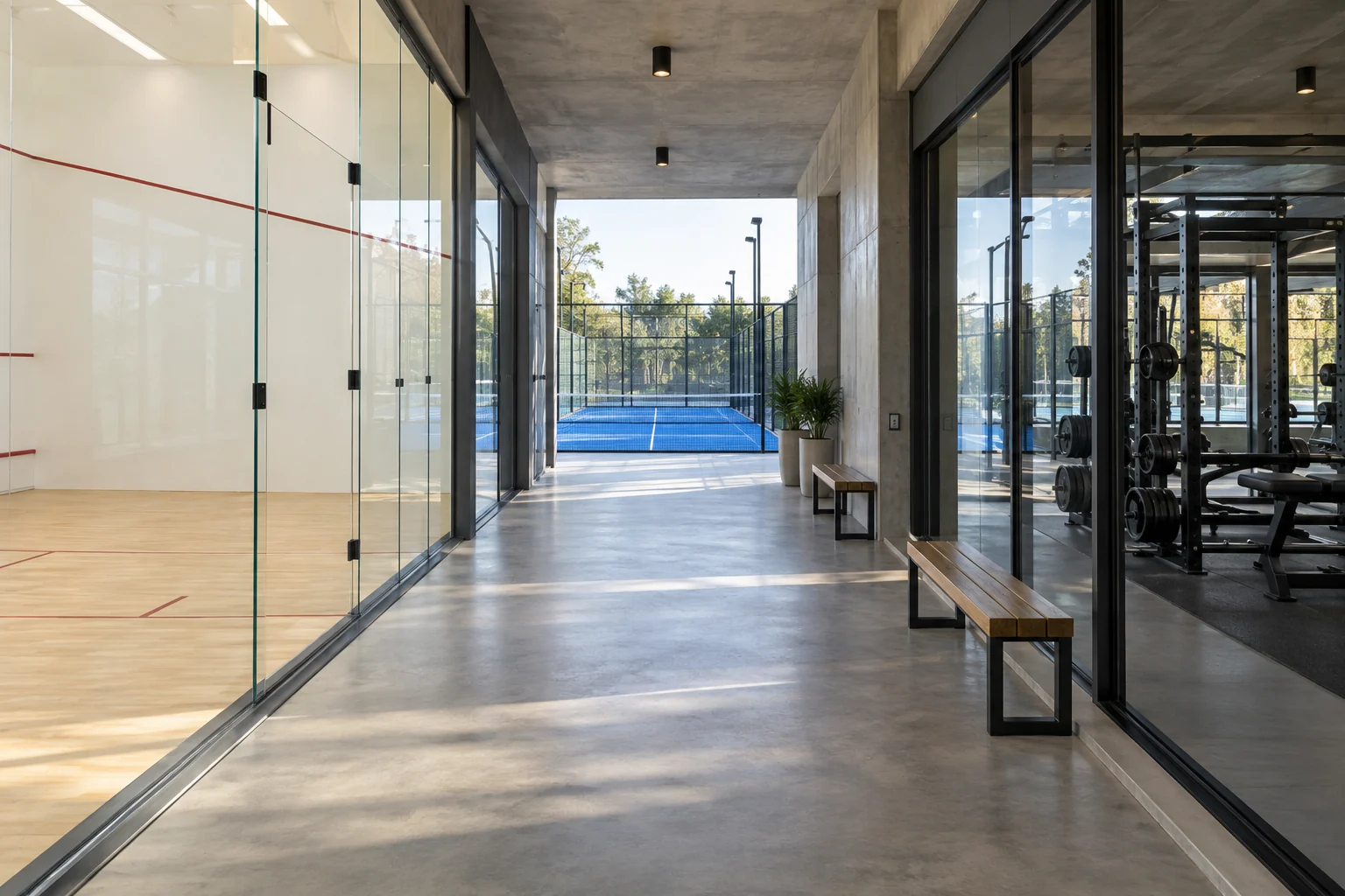 Illustrative sports venue with a squash court, padel court and commercial gym