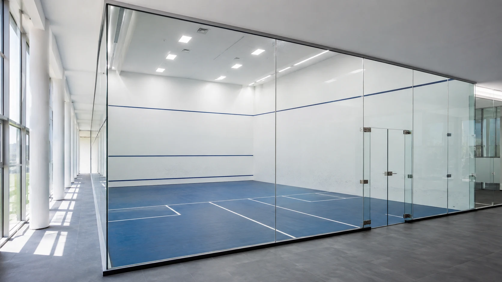 Glass squash court with a blue playing surface